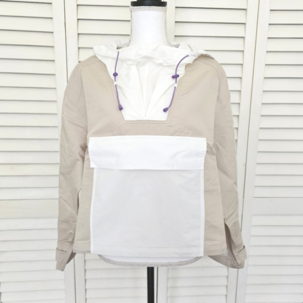 Sweaty Betty Nomad Pullover Jacket Size 8 Tan White Hooded Lightweight NWT
